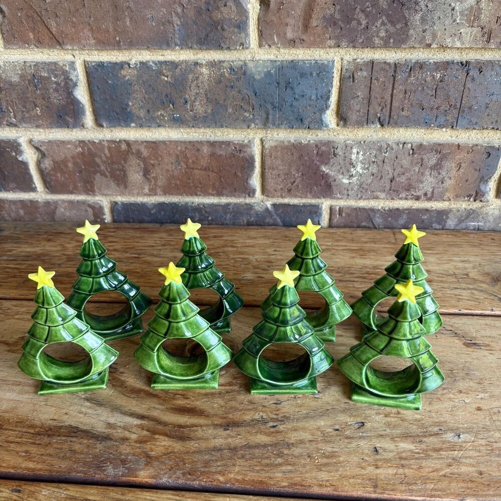 Vintage Lot of 8 Christmas Green Tree Napkin Rings Holders Ceramic  4” Hobbyist